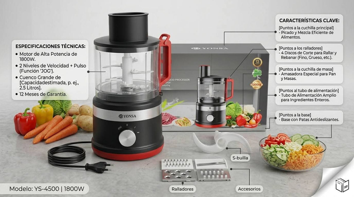 Prepara tus mezclas: procesador de alimentos YONSA con accesorios