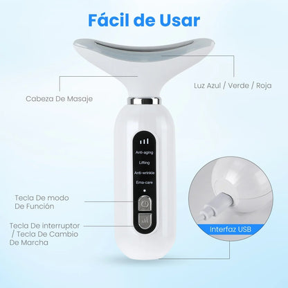 Masajeador Facial LED Antiedad con Calor y Vibración — Cuello y Rostro