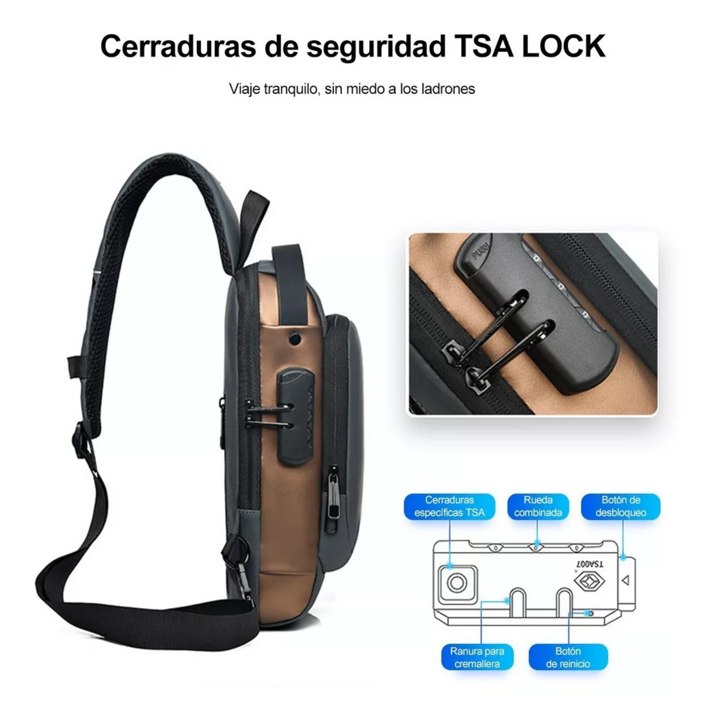Bolso Bandolera Antirrobo Impermeable con Puerto USB y Candado