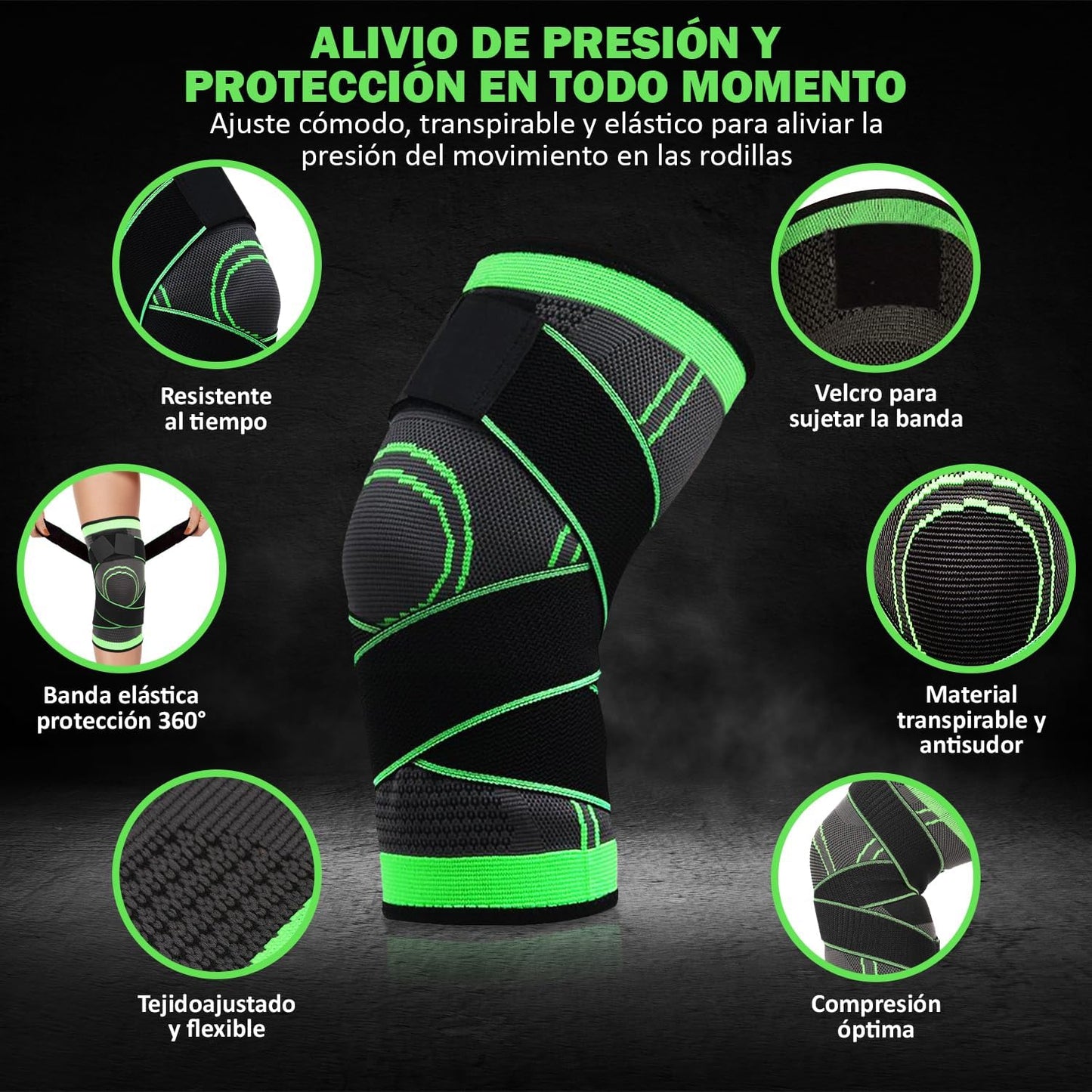 Rodillera Elástica de Compresión Ajustable con Soporte Rotuliano — Pack 2