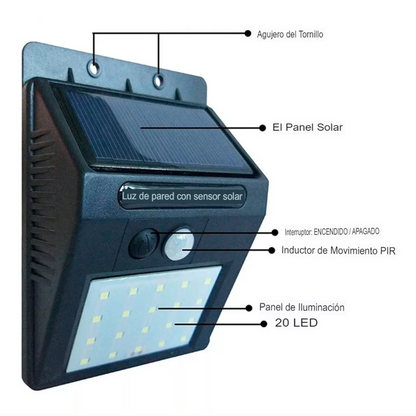 Foco Solar 20 LED con Sensor de Movimiento — Iluminación Exterior