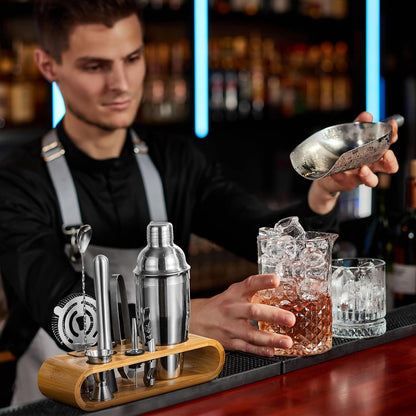 Kit de Coctelería Profesional con Soporte de Madera — Acero Inox