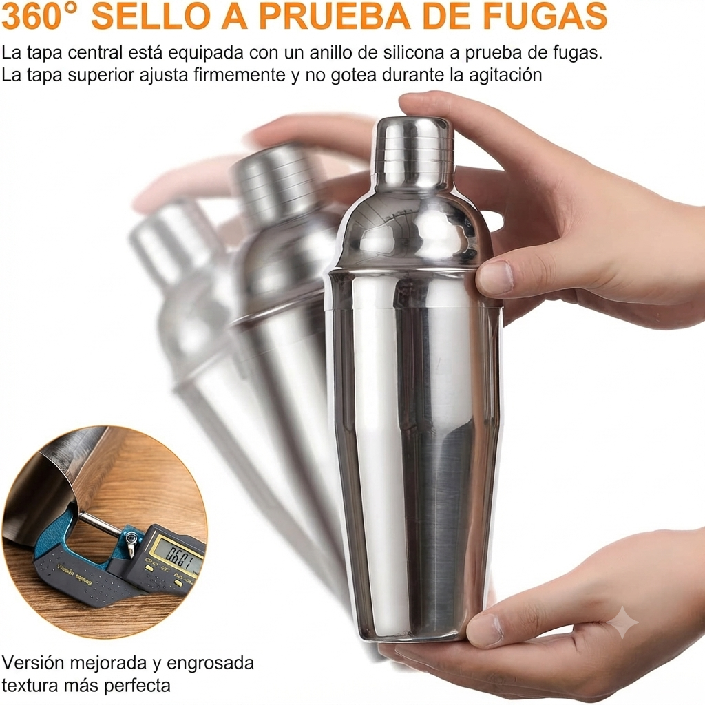 Kit de Coctelería Profesional con Soporte de Madera — Acero Inox