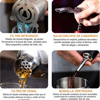 Kit de Coctelería Profesional con Soporte de Madera — Acero Inox